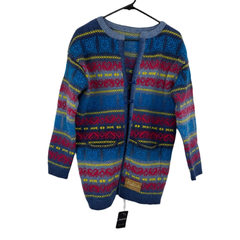 Mara Textiles 100% Wool Cardigan Sweater Womens Medium Blue Striped Fair Isle